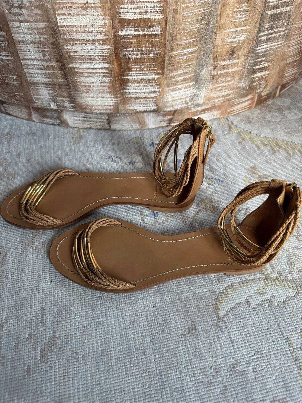 Tory Burch Tan Leather Mignon Braided Flat Sandals Size 9